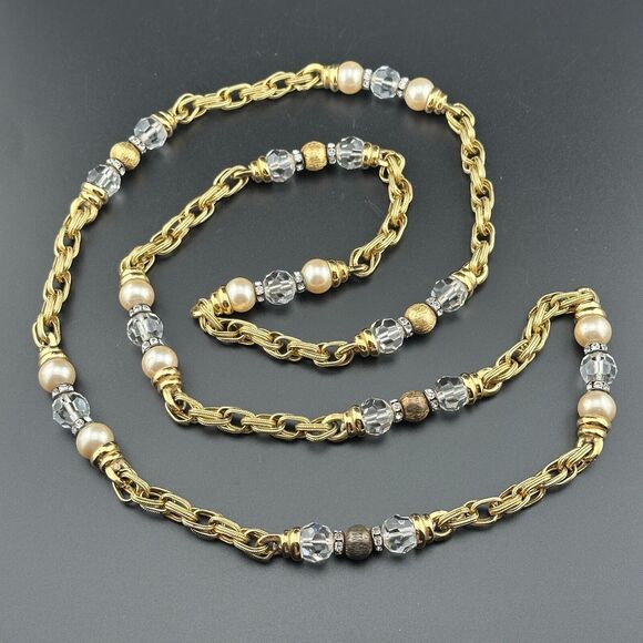 Heavy Vintage Gold Plated Chain Necklace Faux Pearl Crystal Beads Rhinestone 22" - Picture 2 of 11